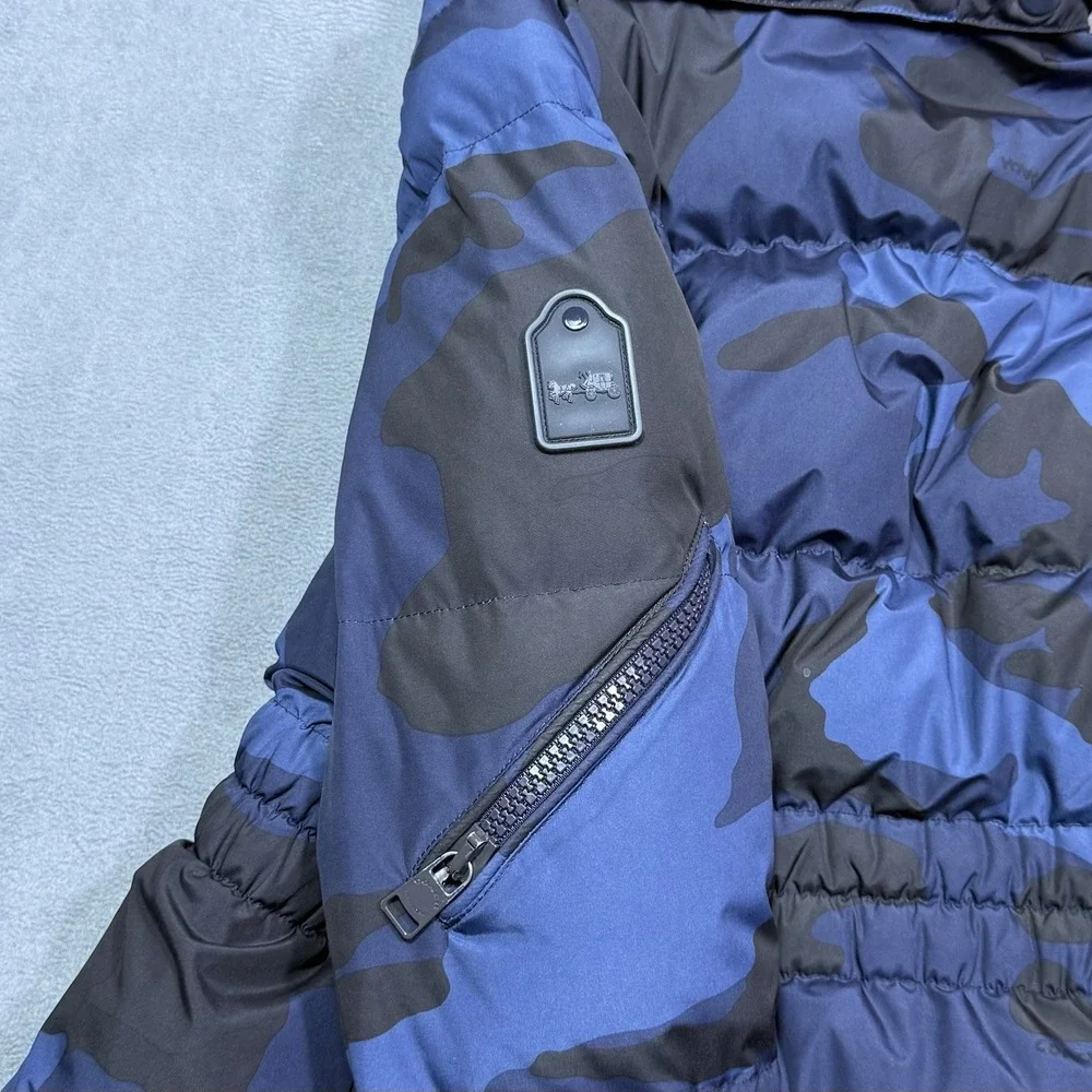 Coach Puffer Jacket Womens S Blue Camo Goose Down Sherpa Hood